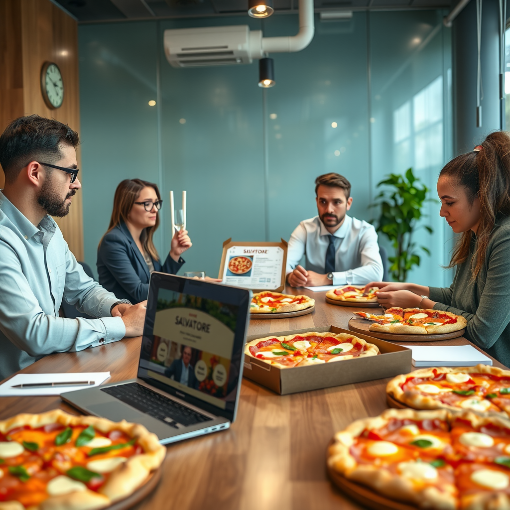 Modern office conference room with business professionals enjoying pizza lunch meeting, multiple pizza boxes on table, laptop showing Salvatore menu, professional catering setup