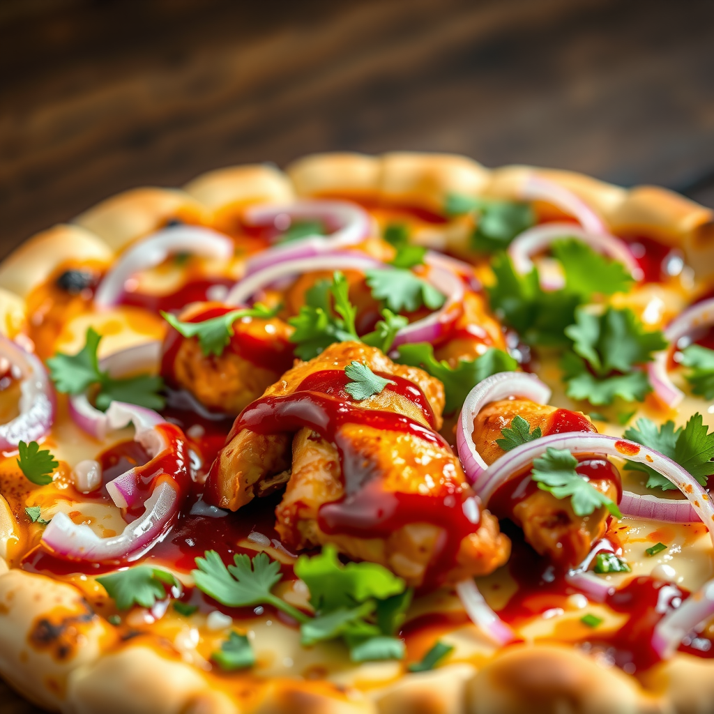 BBQ Chicken pizza with grilled chicken, red onions, cilantro, mozzarella cheese, and tangy BBQ sauce