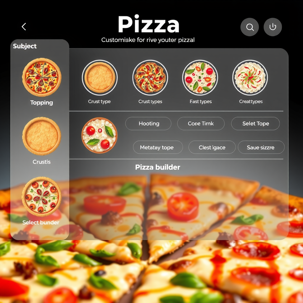 Interactive pizza customization interface showing various topping options, crust types, and sauce selections with visual pizza builder
