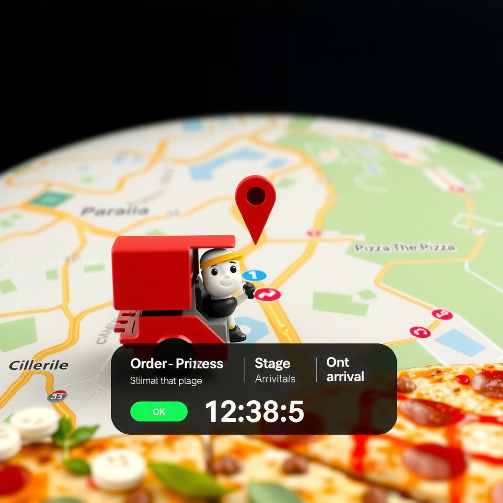 Real-time pizza delivery tracking interface showing map with delivery driver location, order progress stages, and estimated arrival countdown timer