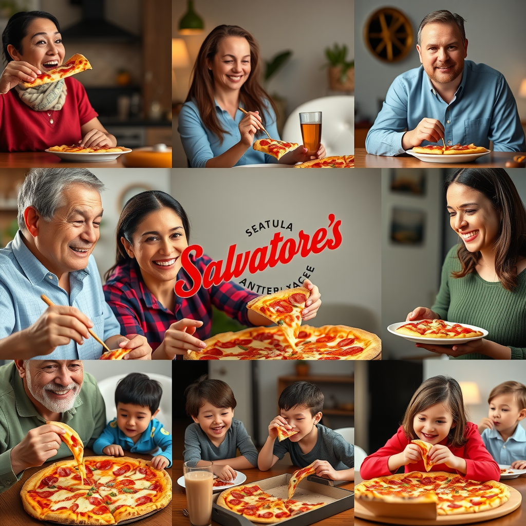 Collage of satisfied customers enjoying Salvatore's pizza at home, showing diverse families and friends sharing meals together with smiling faces