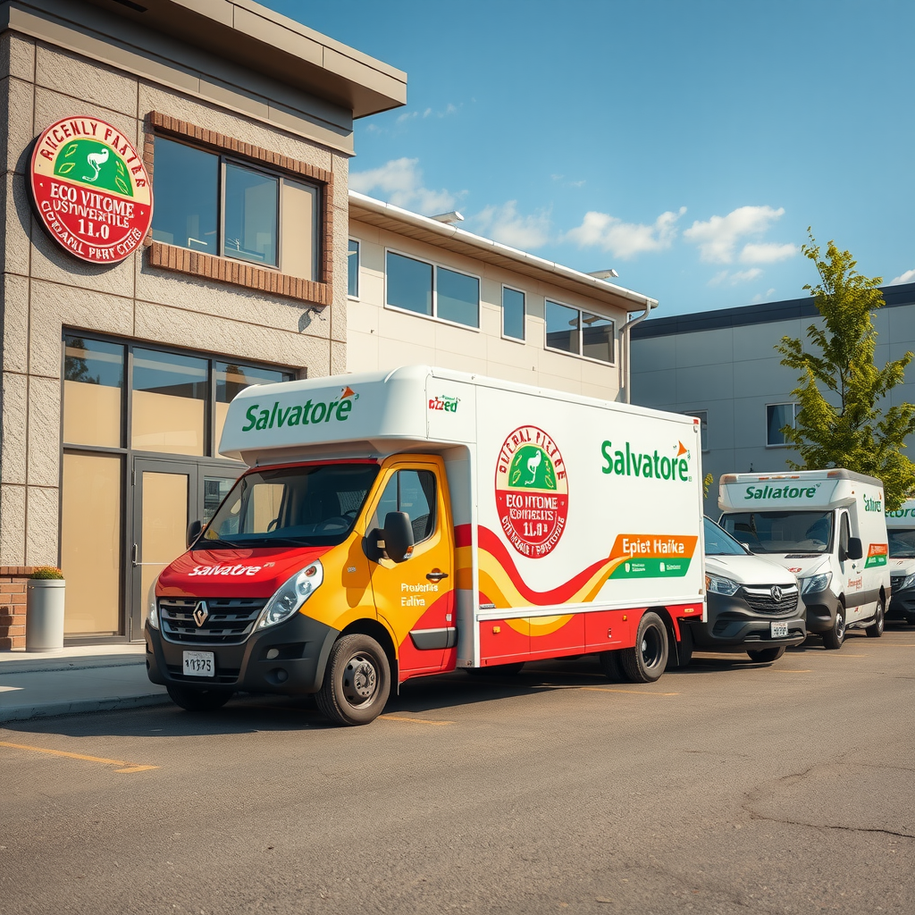 Salvatore pizza delivery expansion showing modern eco-friendly delivery trucks parked outside new kitchen facilities in Calgary, Ottawa, and Halifax with Salvatore branding