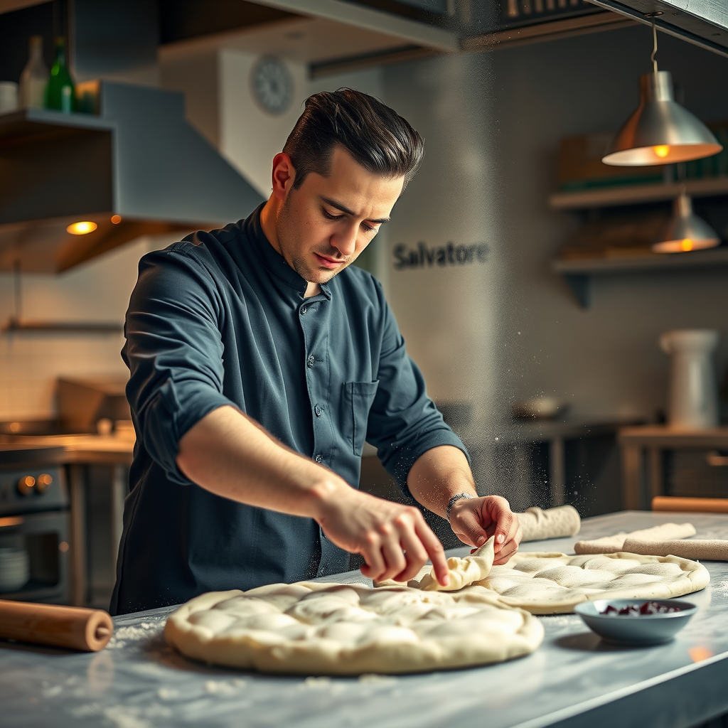 Chef Marco Benedetti expertly kneading fresh pizza dough in Salvatore's professional kitchen with flour particles in the air and warm ambient lighting