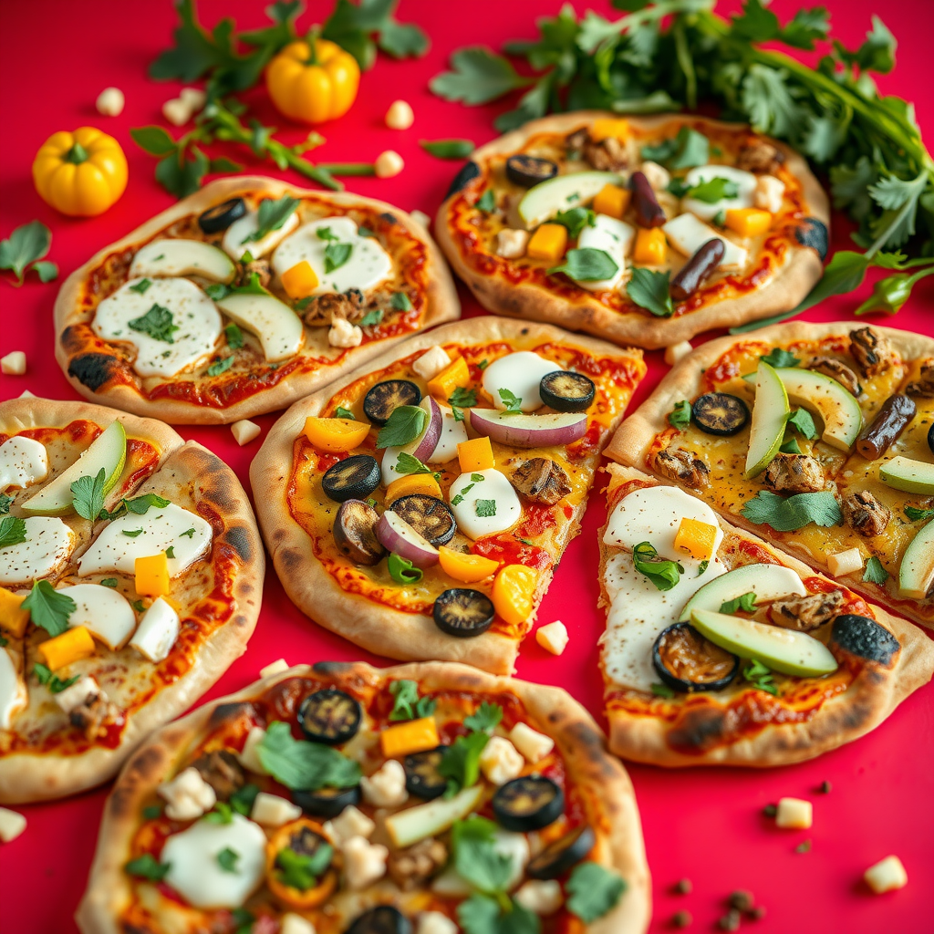 Colorful array of plant-based pizzas featuring dairy-free cheese, roasted vegetables, and innovative toppings displayed on a vibrant red background with fresh herbs and vegetables scattered around