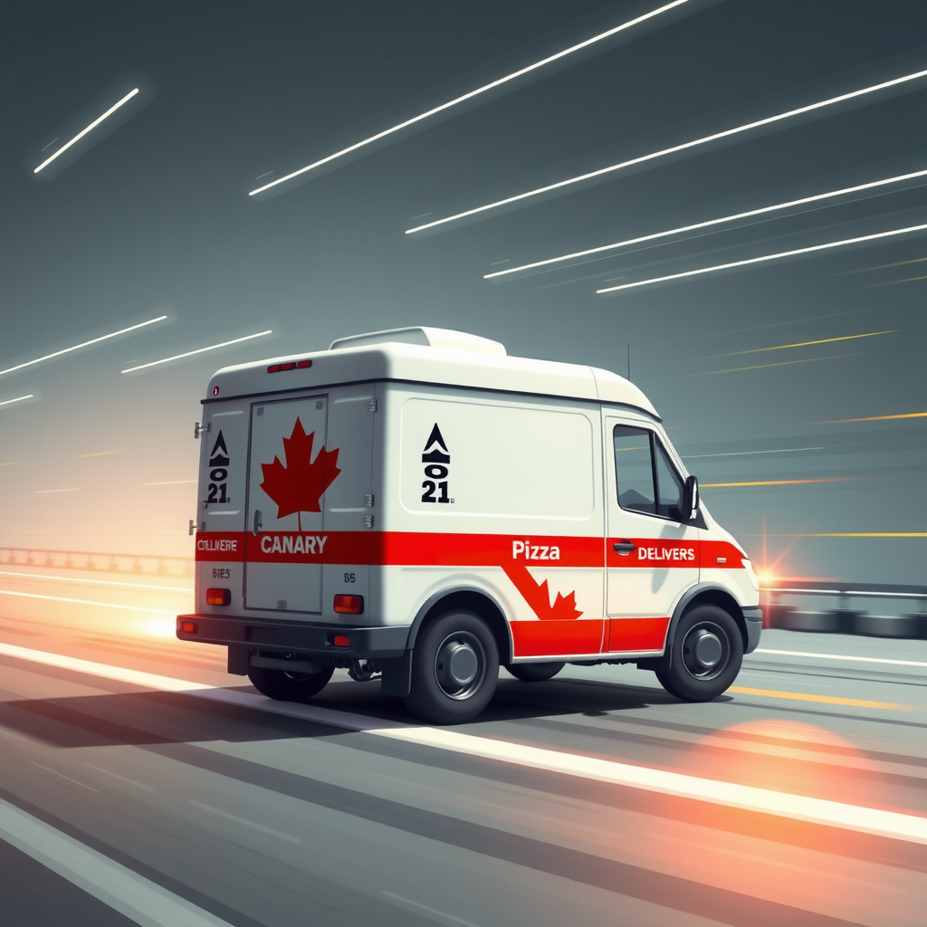 Fast pizza delivery truck icon with speed lines, representing quick and reliable service across Canada