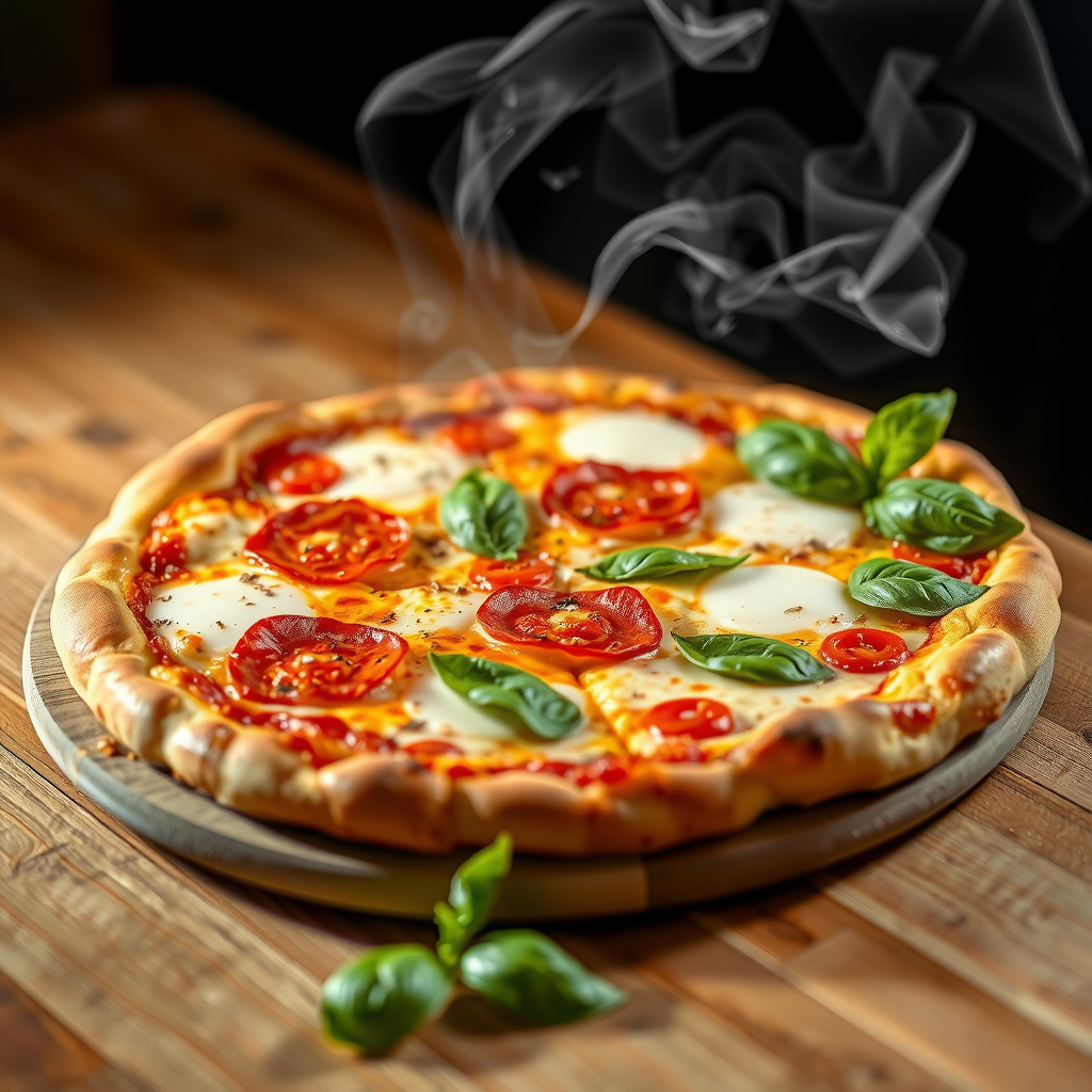 Freshly baked Salvatore's authentic Italian pizza with melted mozzarella cheese, pepperoni, fresh basil leaves, and tomato sauce on a wooden board with steam rising
