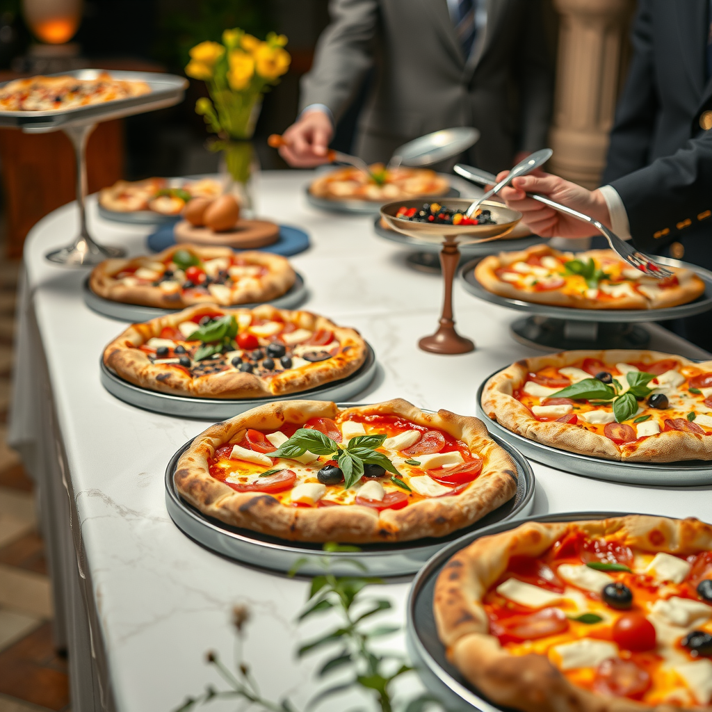 Professional pizza catering setup with multiple gourmet pizza platters arranged on an elegant buffet table, featuring fresh ingredients, garnishes, and decorative elements for events