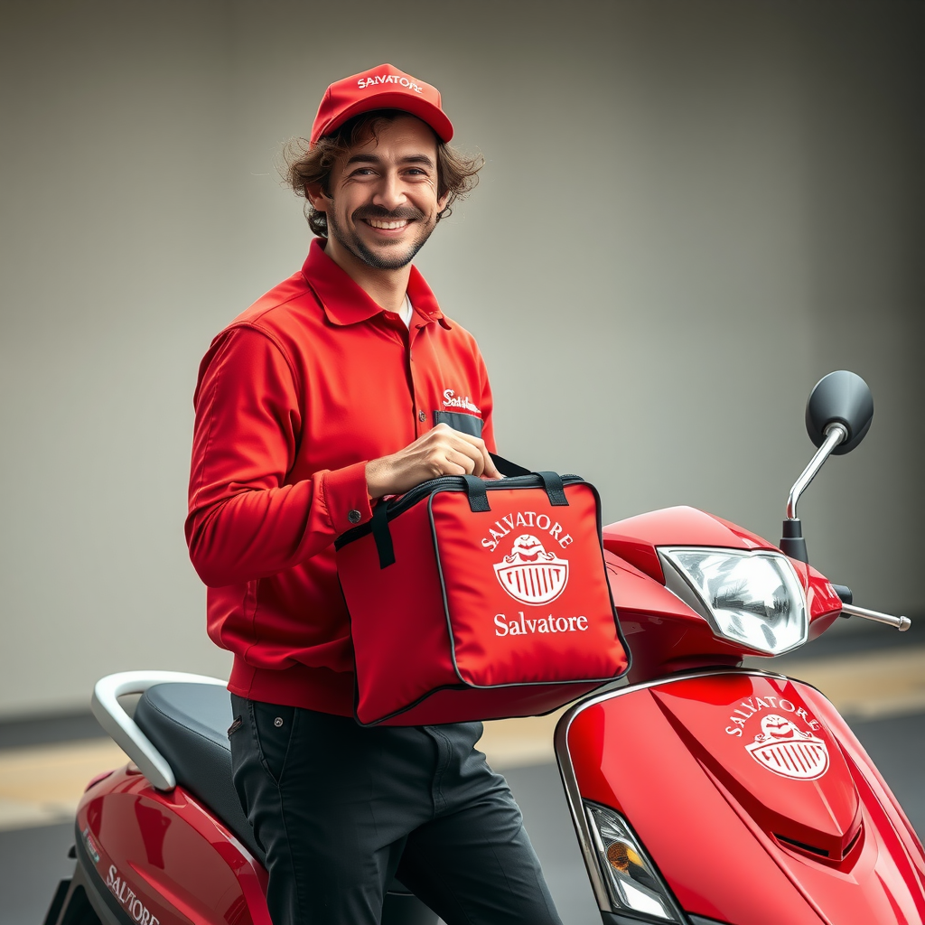 Smiling delivery driver in red uniform holding insulated pizza delivery bag next to branded red delivery scooter with Salvatore logo, ready for fast delivery