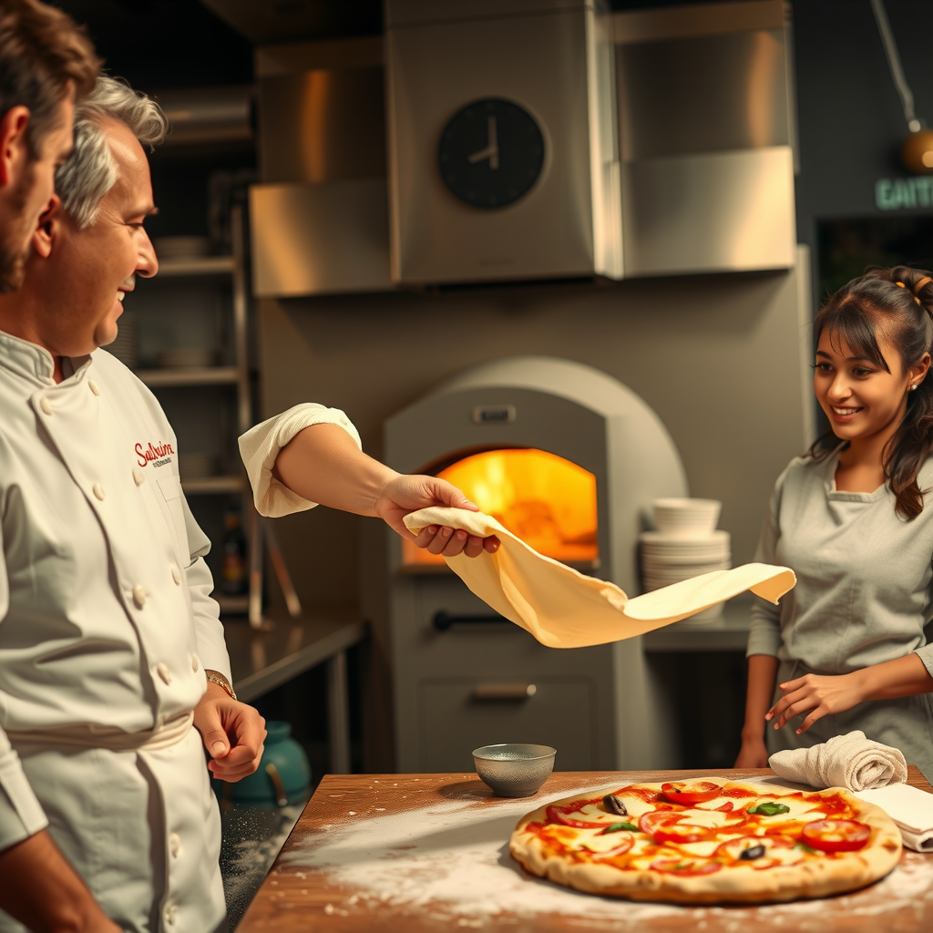 Salvatore's master chef in traditional white uniform demonstrating pizza dough stretching technique to enthusiastic students in a professional kitchen with wood-fired oven in background, warm lighting, authentic Italian atmosphere