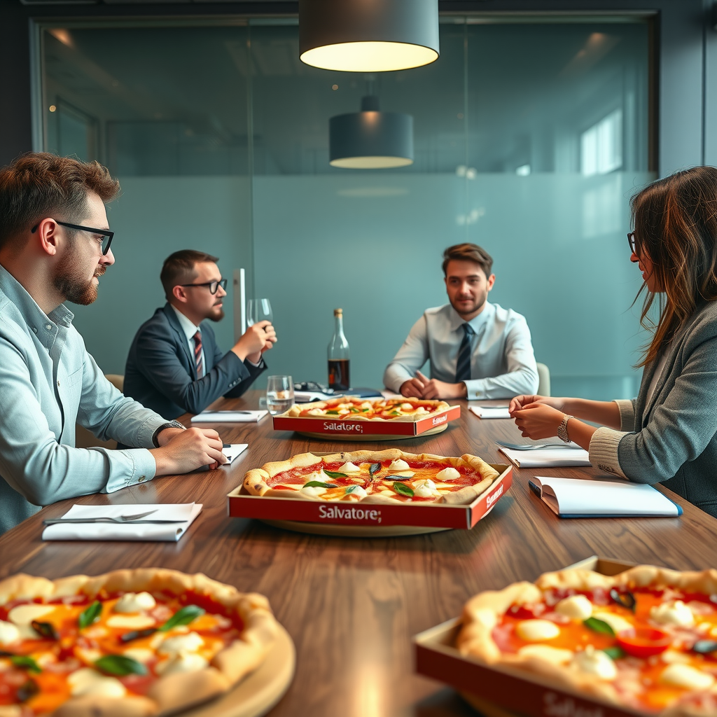 Corporate team enjoying Salvatore pizza during business lunch meeting in modern office boardroom with multiple pizza boxes on conference table