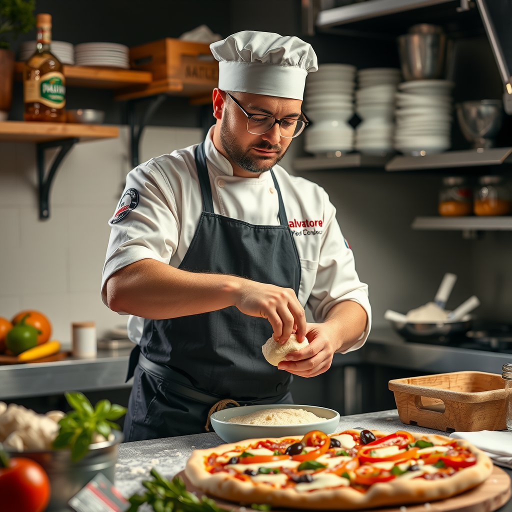 Head chef Marco Benedetti in Salvatore kitchen kneading traditional Italian pizza dough, surrounded by locally-sourced Canadian ingredients and flour, demonstrating authentic Italian techniques