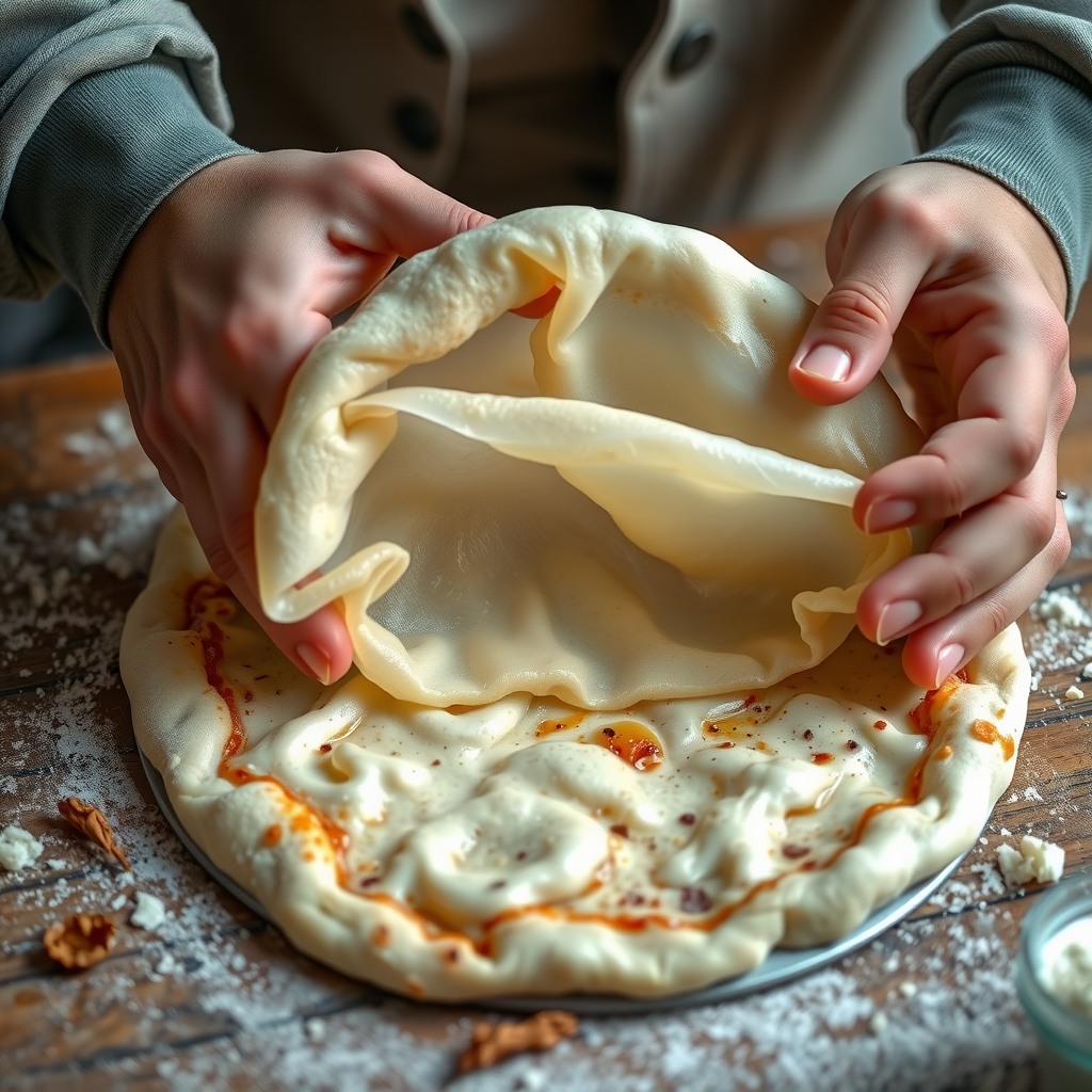 Detailed close-up photograph of skilled hands stretching translucent pizza dough showing elastic texture and air bubbles on rustic wooden surface