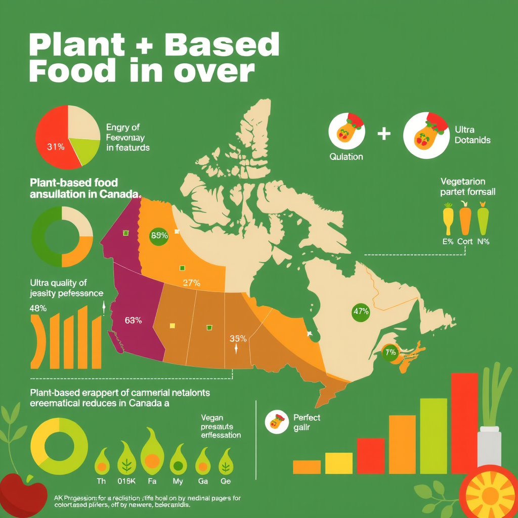 Infographic showing rising trend of plant-based food consumption in Canada with colorful charts, statistics, and icons representing vegetarian and vegan dietary preferences
