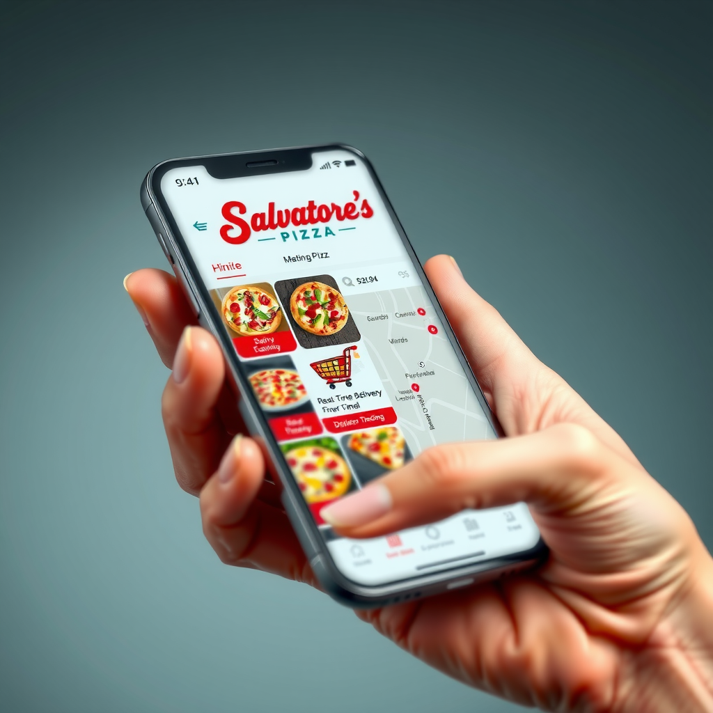 Modern smartphone displaying Salvatore's pizza ordering app interface with colorful menu items, shopping cart icon, and real-time delivery tracking map on screen