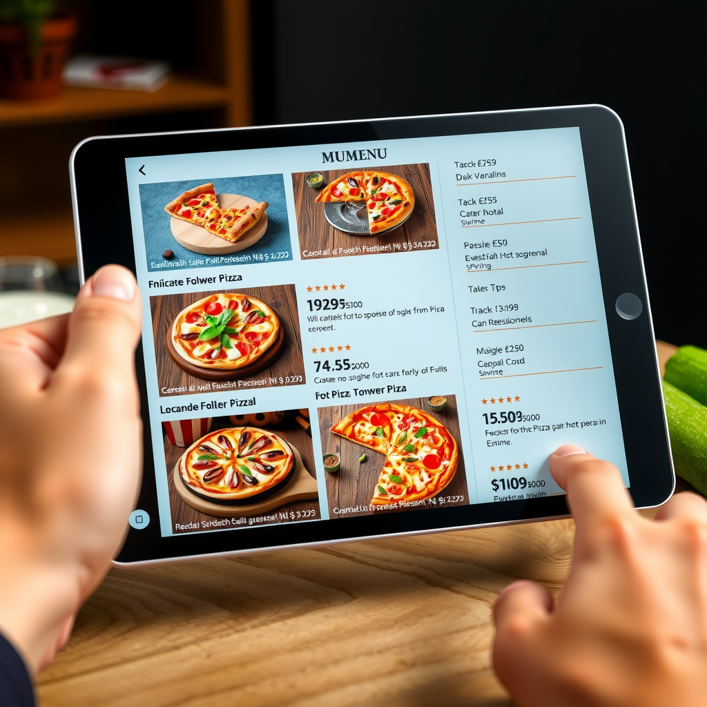 Digital menu interface showing various pizza options with high-quality food photography, prices, and ingredient descriptions on a tablet screen