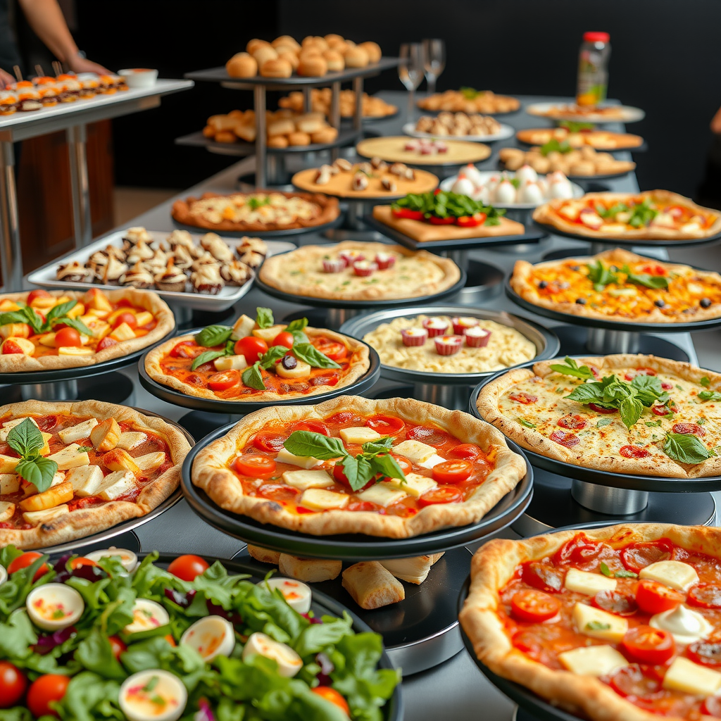 Comprehensive display of Salvatore catering packages showing variety of pizza platters, fresh salads, appetizers, and desserts professionally arranged on elegant buffet tables for events