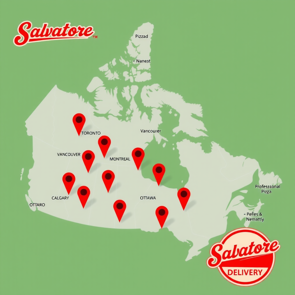 Illustrated map of Canada showing Salvatore pizza delivery coverage areas with red location pins marking major cities including Toronto, Vancouver, Montreal, Calgary, and Ottawa