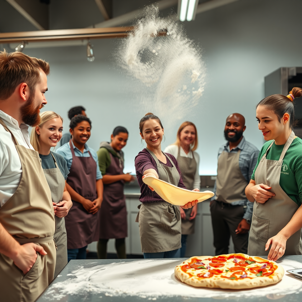 Group of diverse students in aprons learning to stretch and toss pizza dough under guidance of Salvatore chef, flour dusting in air, bright modern kitchen setting with stainless steel counters and professional equipment