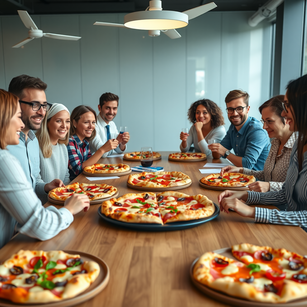 Diverse office team gathered around modern conference table sharing multiple Salvatore pizzas during weekly team lunch meeting