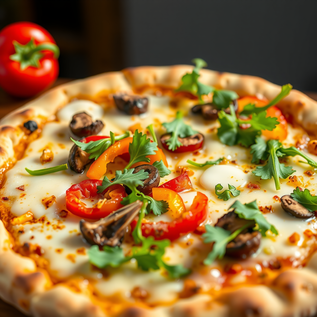 Delicious plant-based vegan pizza from Salvatore featuring dairy-free cheese, colorful fresh vegetable toppings including bell peppers, mushrooms, and arugula on authentic Italian crust