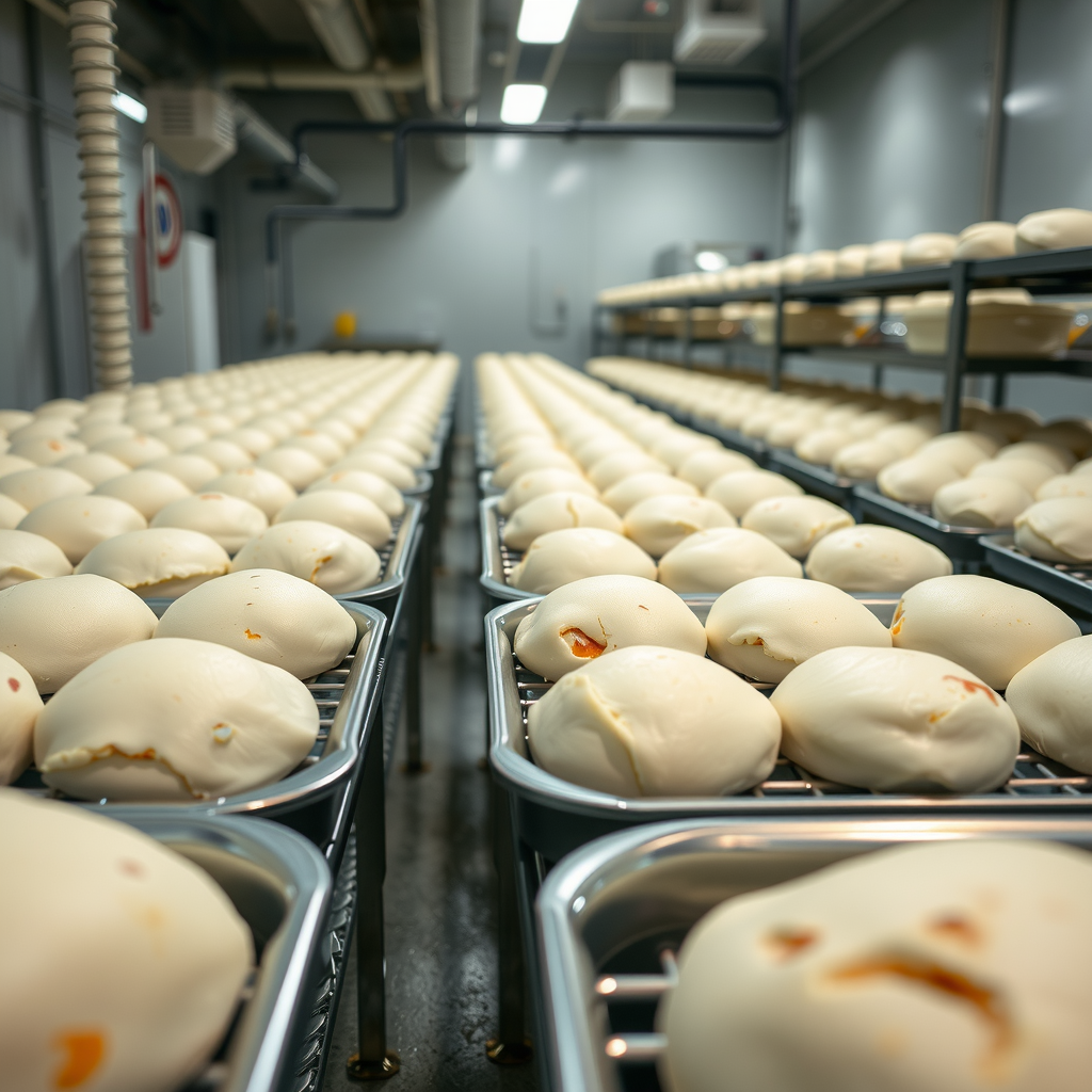 Professional temperature-controlled fermentation room showing organized rows of covered pizza dough balls resting on metal trays in a commercial bakery environment