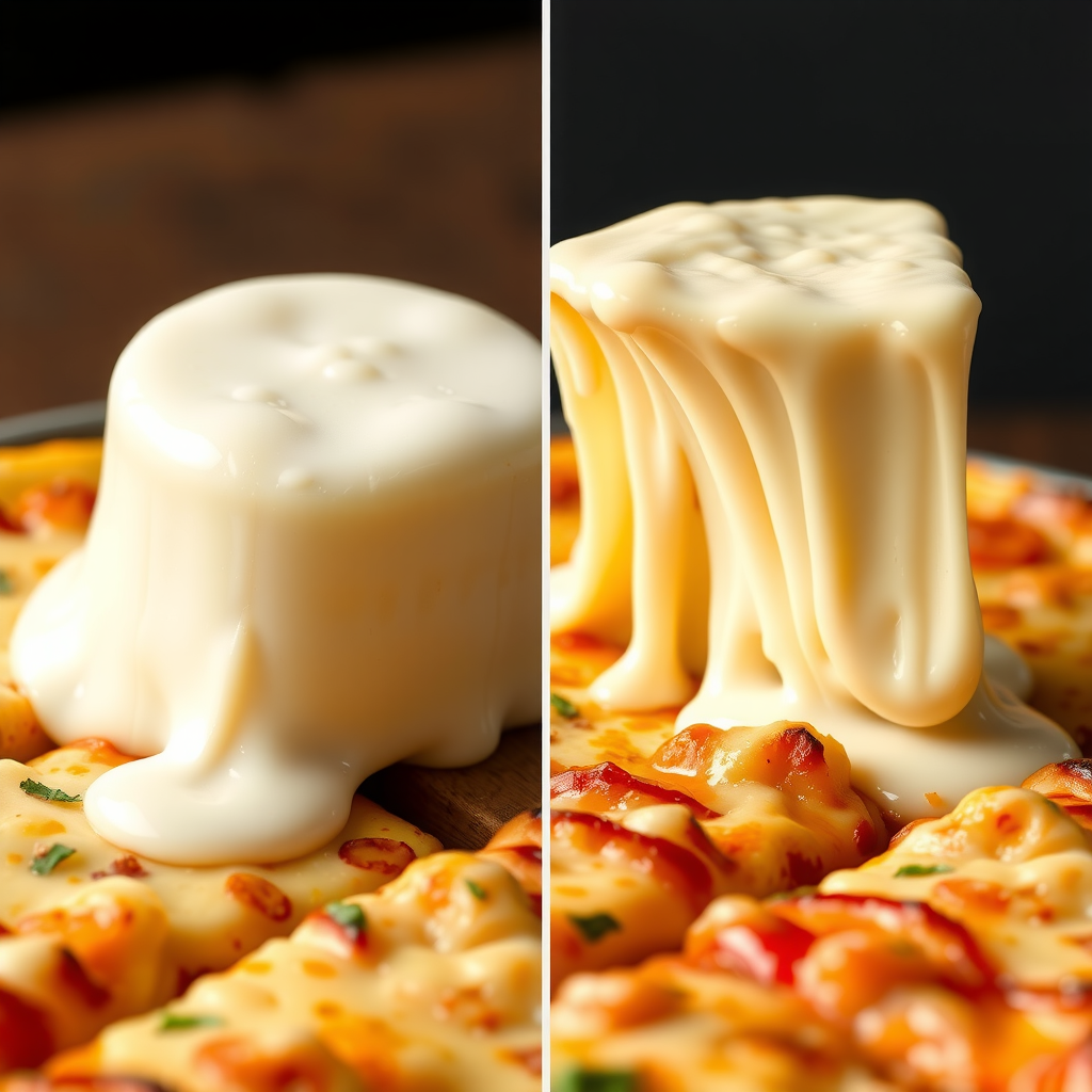 Side-by-side comparison of traditional mozzarella and new dairy-free cheese showing identical melting properties, golden-brown color, and stretchy texture on freshly baked pizza slices