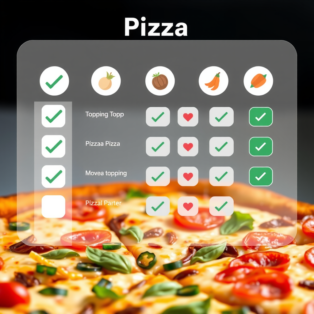 Pizza customization interface showing topping selection with checkboxes, visual pizza builder, and ingredient icons for personalized ordering