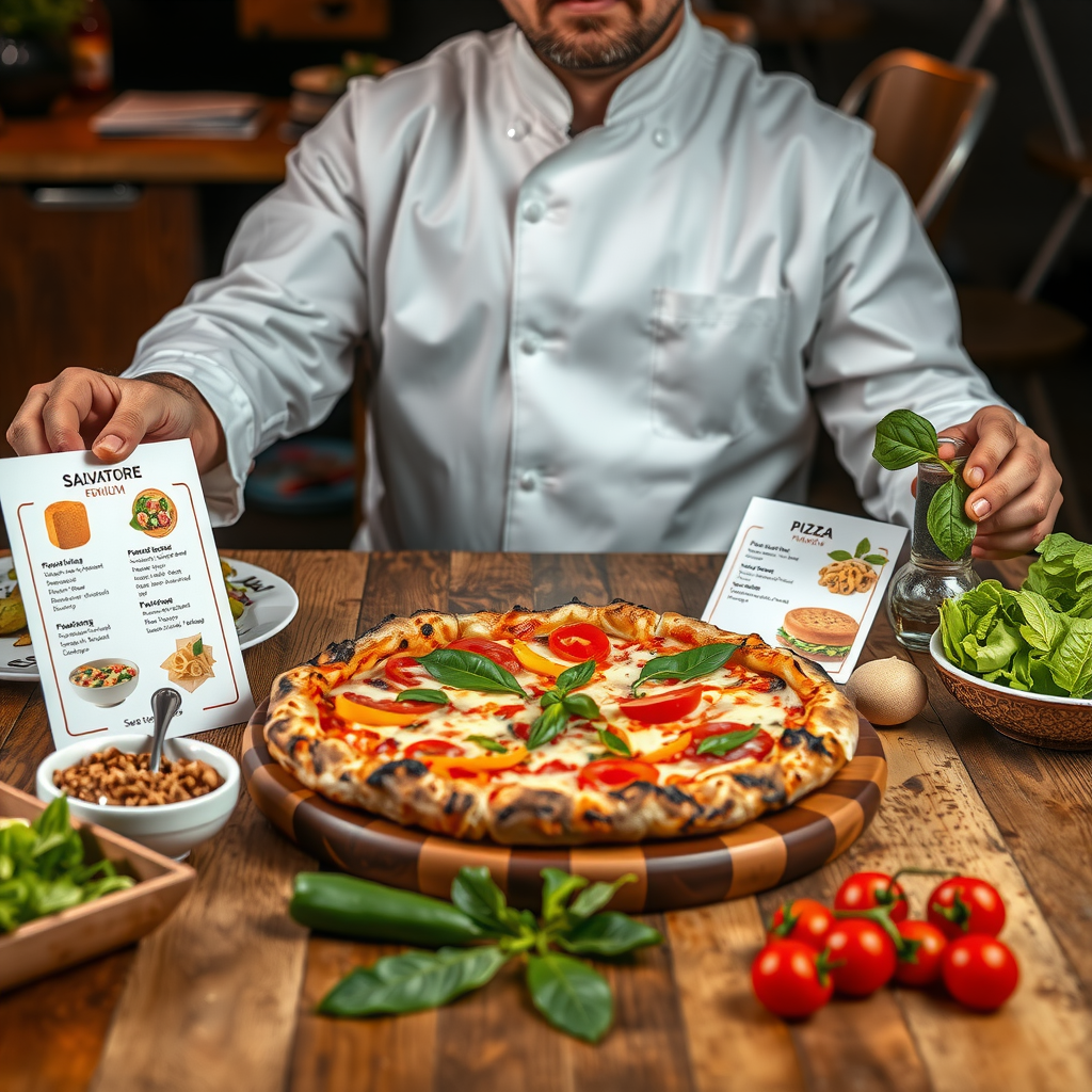 Custom pizza menu planning session with Salvatore chef displaying various premium topping options, fresh ingredients, and customizable menu cards on rustic wooden table
