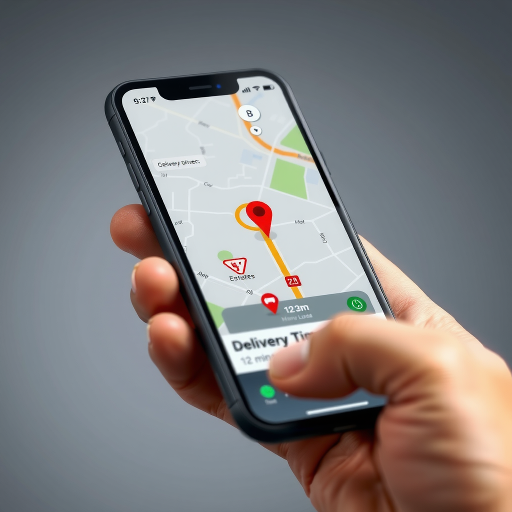 Mobile phone screen displaying Salvatore delivery app with real-time GPS map showing delivery driver's current location marked with red pin and estimated arrival time of 12 minutes