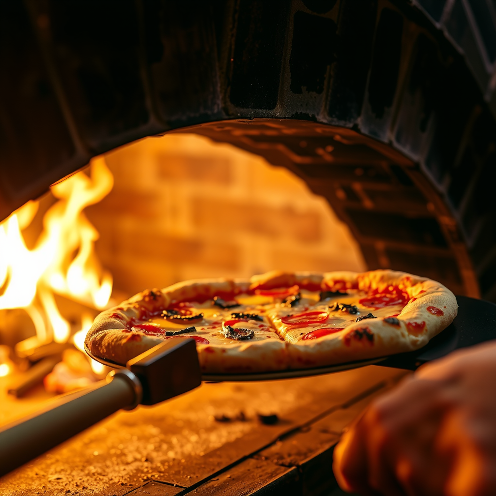 Close-up of pizza being placed into glowing wood-fired brick oven with flames visible, chef using long wooden peel, rustic Italian restaurant atmosphere with warm orange lighting from fire