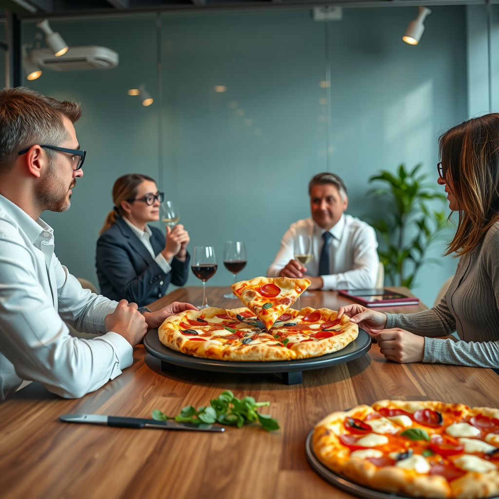 Professional business meeting with executives and clients enjoying premium Salvatore pizza presentation in modern corporate boardroom