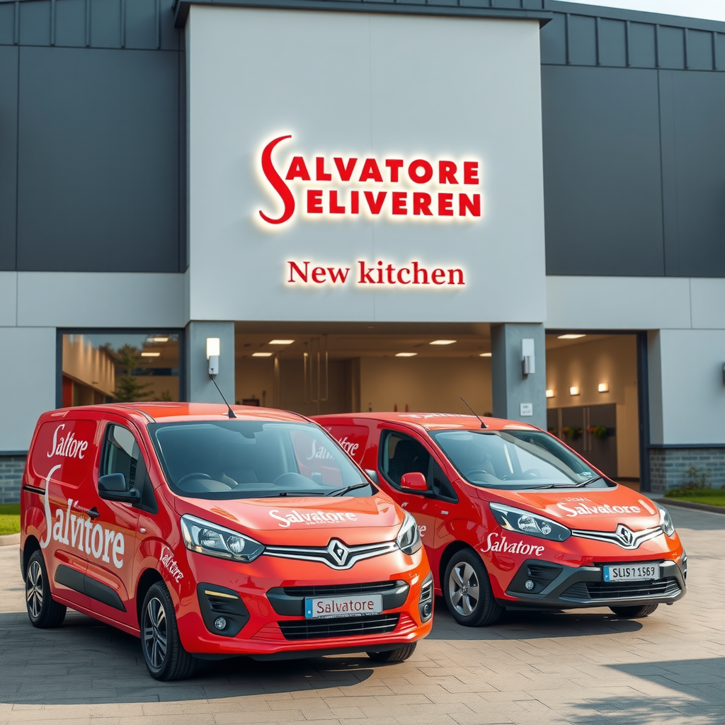 Modern eco-friendly delivery vehicles with Salvatore branding parked in front of new kitchen facility, featuring electric vans in cherry red with the Salvatore logo