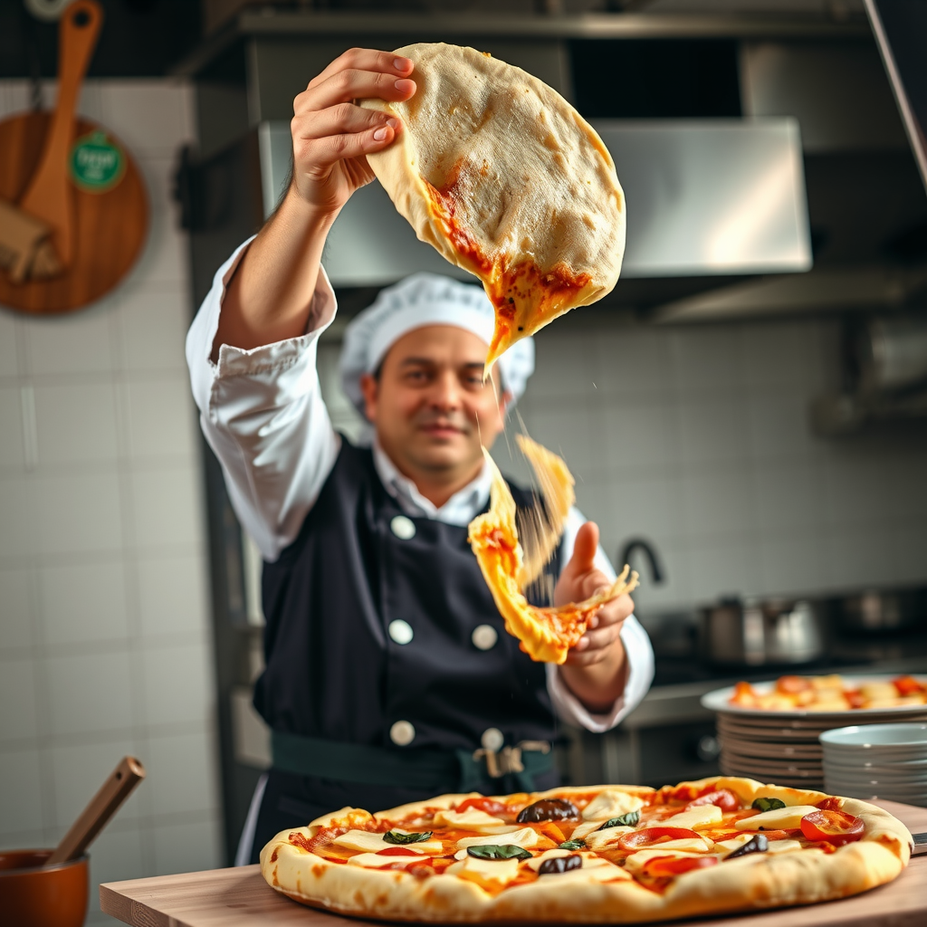 Dynamic action photograph of chef expertly tossing pizza dough high in the air demonstrating traditional pizzaiolo technique in professional kitchen setting