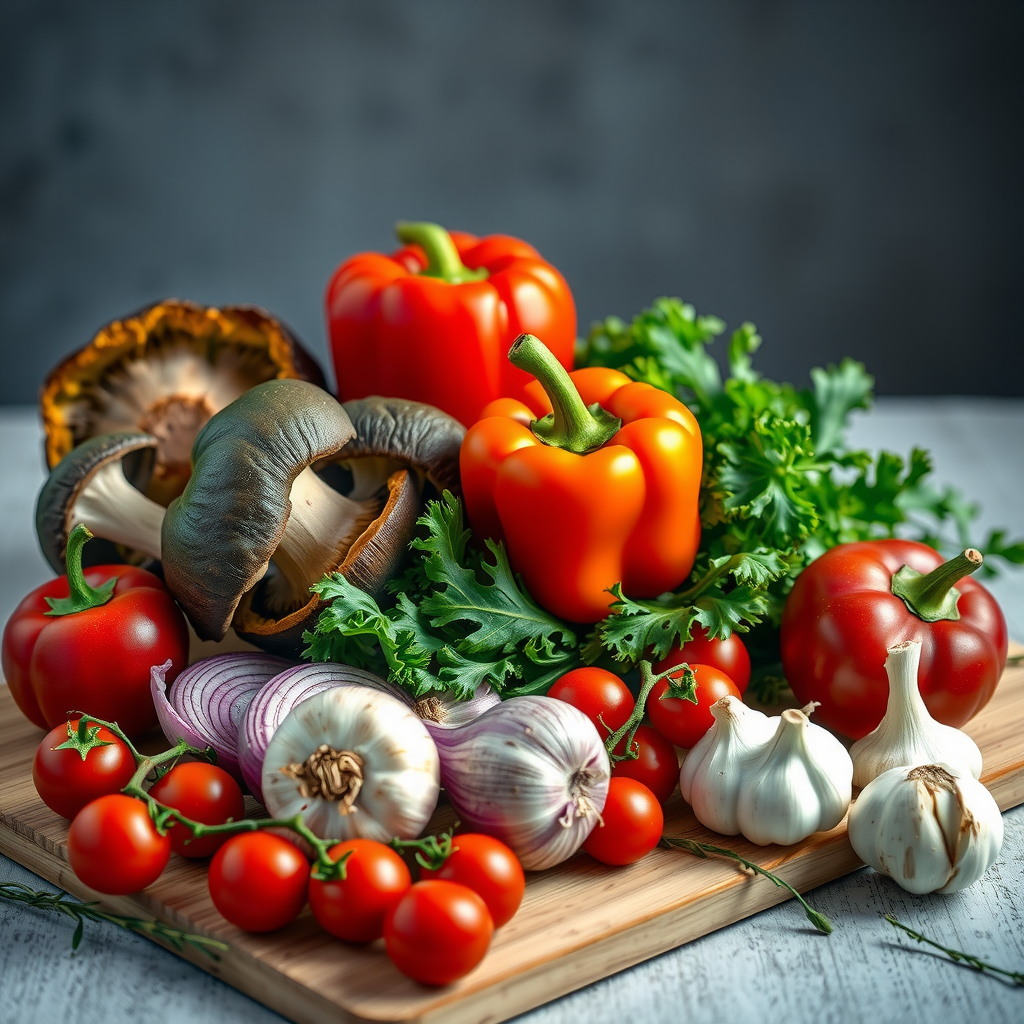 Vibrant display of fresh vegetables including portobello mushrooms, red bell peppers, cherry tomatoes, red onions, kale, and garlic arranged artistically on a wooden cutting board with herbs