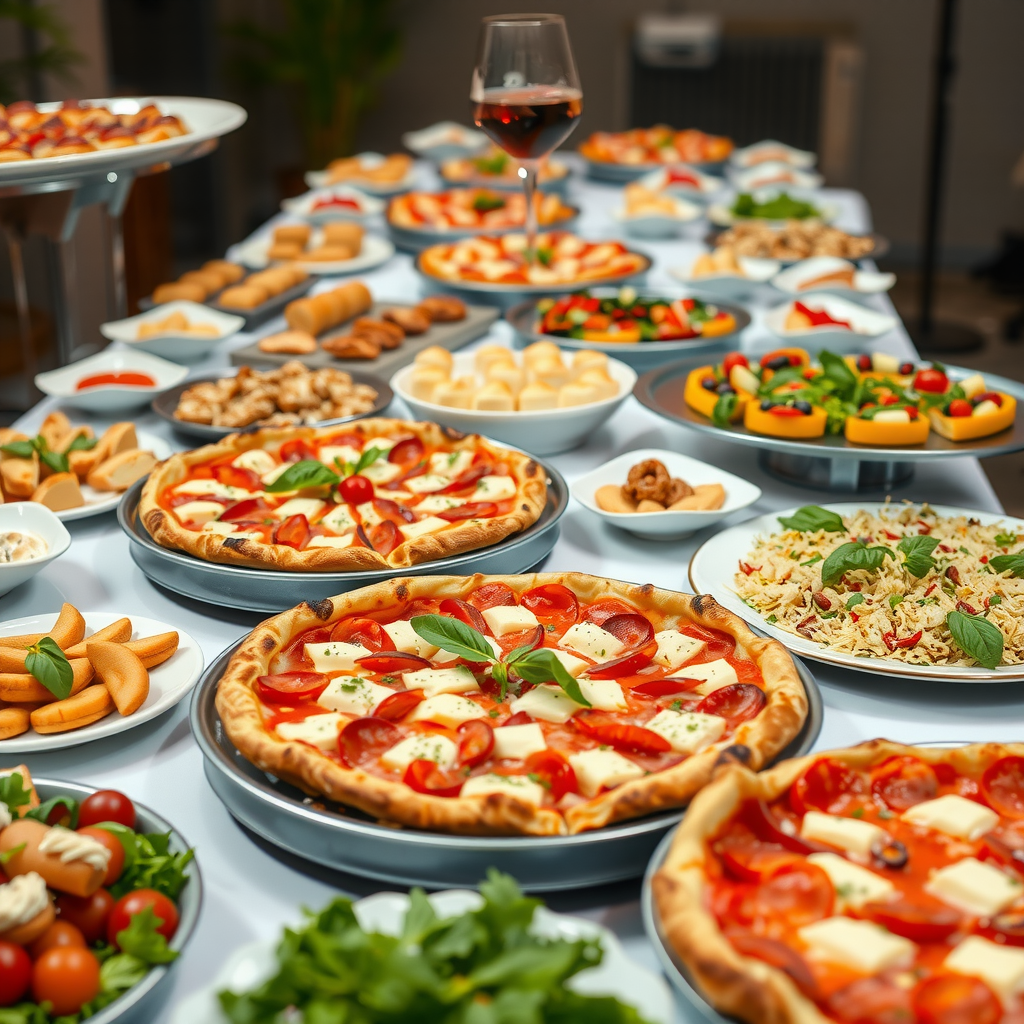 Elegant buffet table setup with multiple large pizza platters, appetizer trays, fresh salads, and desserts arranged for a corporate event or wedding celebration