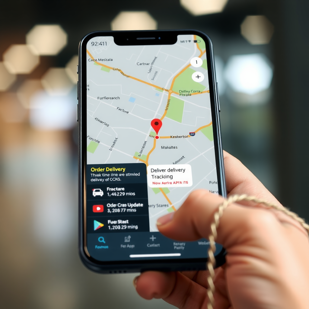 Real-time delivery tracking map showing delivery driver location, estimated arrival time, and order status updates on a smartphone screen