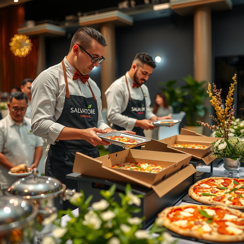 Salvatore professional catering team setting up elegant buffet display with hot pizza boxes, serving equipment, and decorative table arrangements at event venue