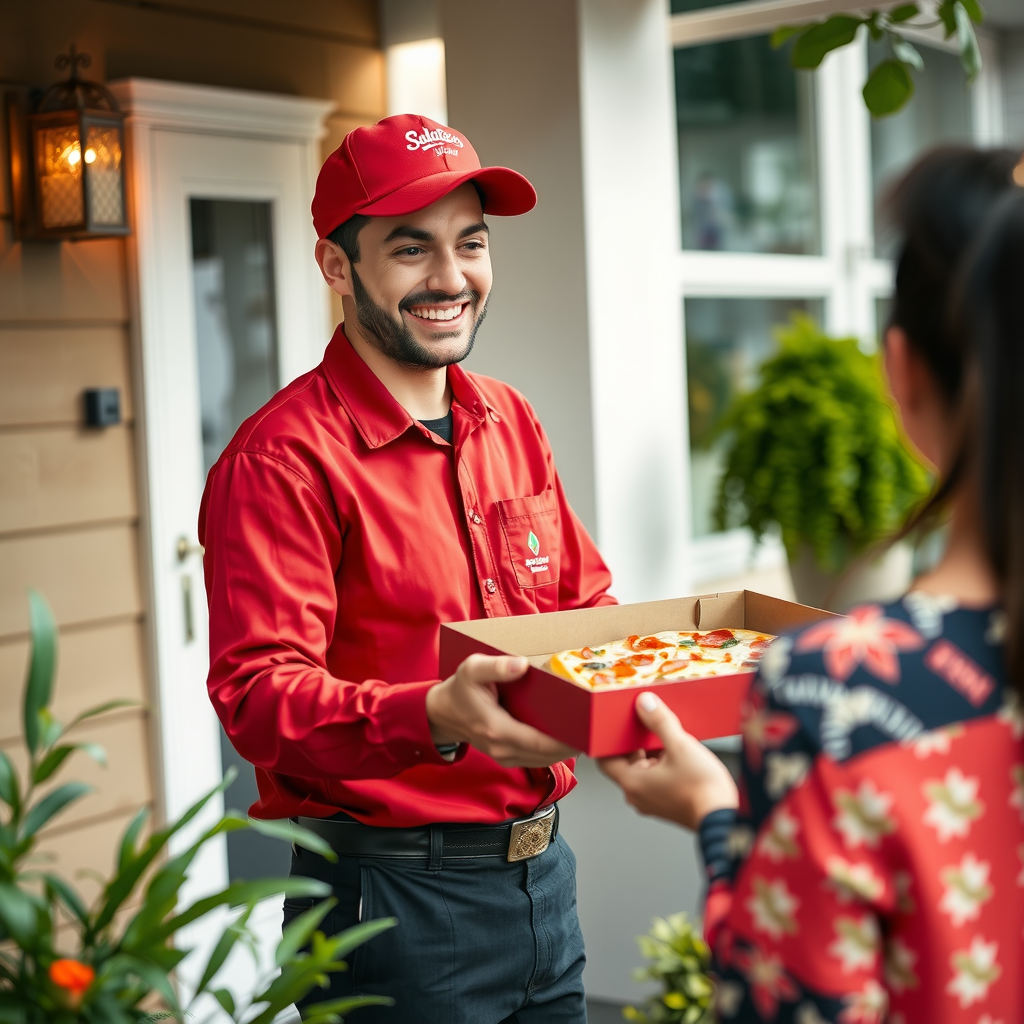 Professional Salvatore delivery driver in red uniform smiling while handing steaming hot pizza box to satisfied customer at residential doorstep, showcasing excellent customer service
