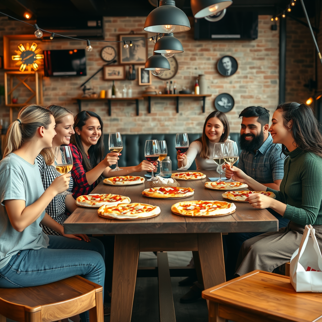 Happy diverse group of workshop participants sitting around rustic wooden table enjoying their freshly made pizzas, laughing and toasting with wine glasses, cozy restaurant setting with exposed brick walls and string lights