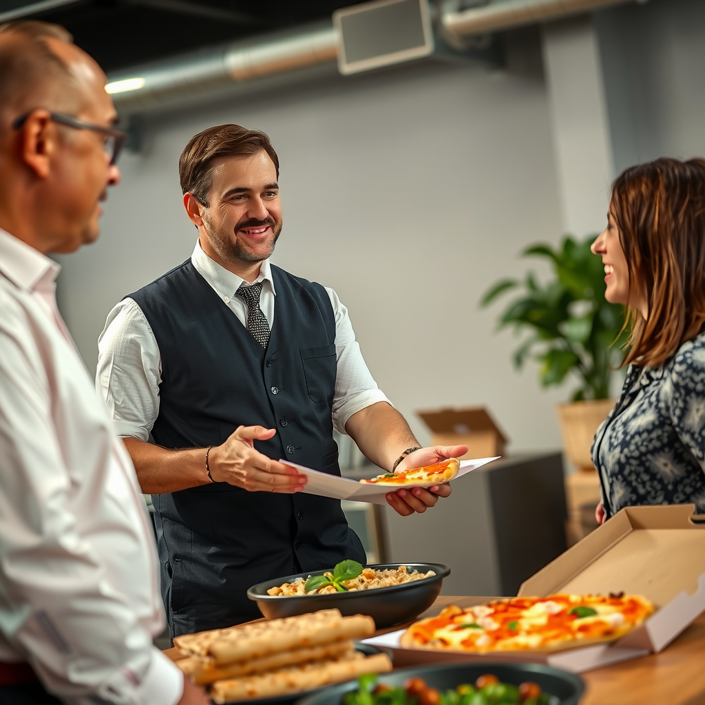 Salvatore corporate catering manager having consultation meeting with business client discussing custom pizza delivery program and menu options
