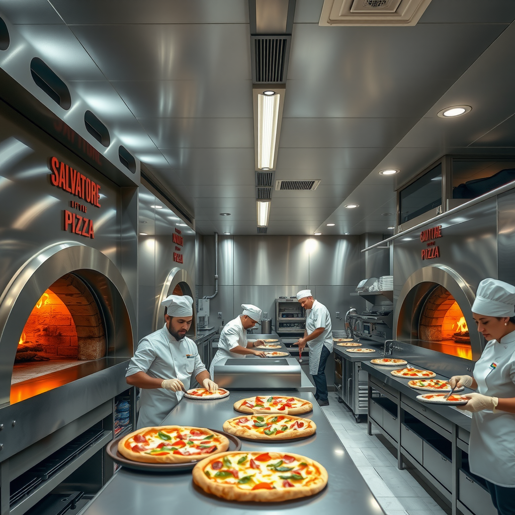 Interior of modern Salvatore kitchen facility showing traditional wood-fired pizza ovens alongside contemporary food preparation areas, with chefs in white uniforms preparing pizzas