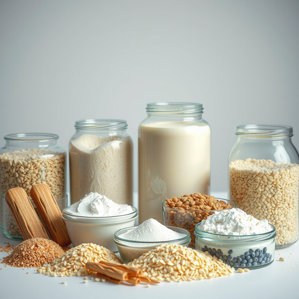 Beautiful display of various flour types and grain varieties in clear glass containers showcasing premium artisanal ingredients with natural lighting