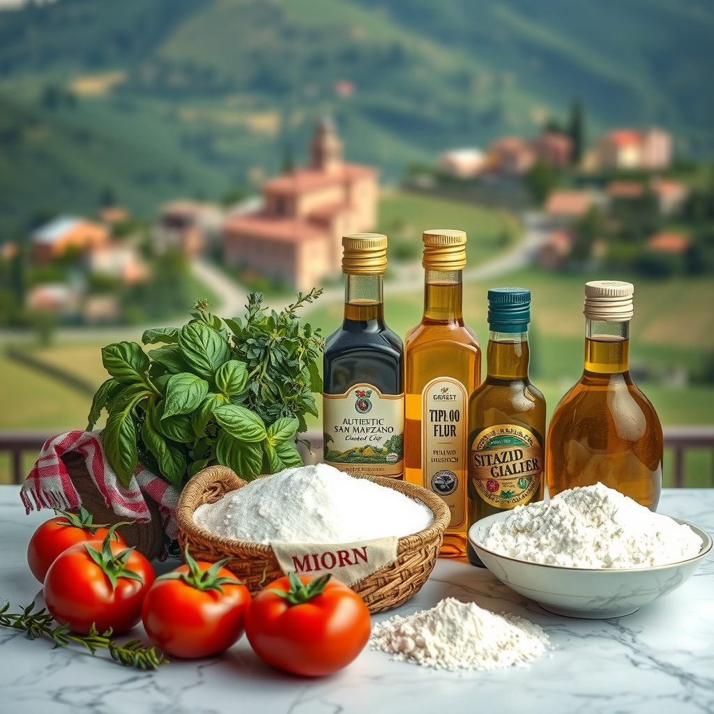 Rustic display of authentic Italian ingredients including fresh basil, oregano, San Marzano tomatoes, extra virgin olive oil, and tipo 00 flour arranged on a marble surface with Italian countryside in background