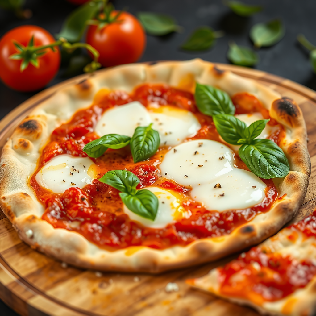 Classic Margherita pizza with fresh mozzarella, San Marzano tomato sauce, fresh basil leaves, and extra virgin olive oil on thin crust