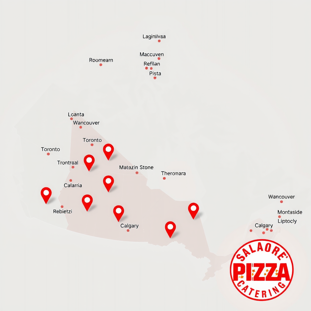 Map of Canada highlighting Salvatore pizza catering service areas with location markers in major cities including Toronto, Vancouver, Montreal, Calgary, and delivery coverage zones