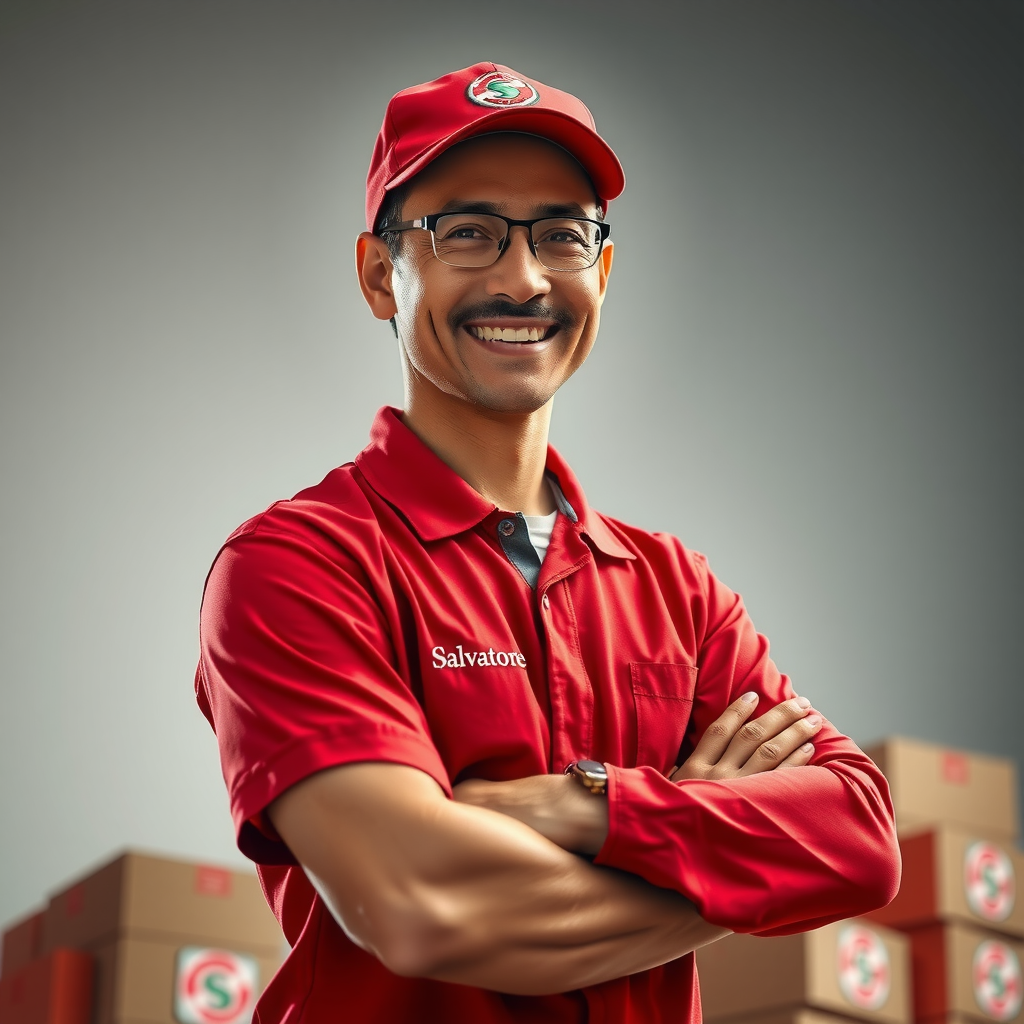 Smiling professional Salvatore delivery driver wearing red branded uniform and cap, standing confidently with arms crossed