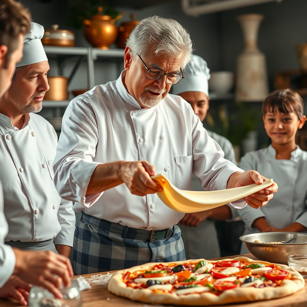 Experienced Salvatore chef with grey hair and traditional chef whites demonstrating proper pizza dough stretching technique to attentive students, professional kitchen background with copper pots and Italian decor, warm natural lighting