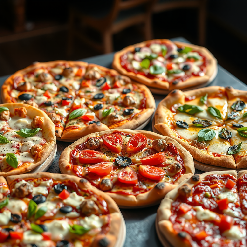 Diverse selection of Salvatore specialty pizzas beautifully displayed showing various toppings and styles for corporate menu planning