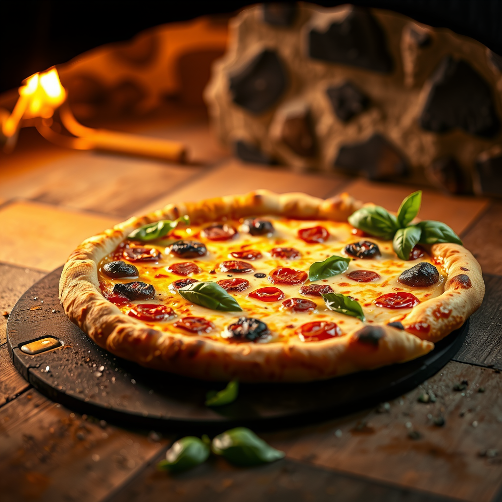 Perfectly baked pizza with characteristic leopard-spotted crust emerging from wood-fired oven, melted cheese bubbling, fresh basil leaves, steam rising
