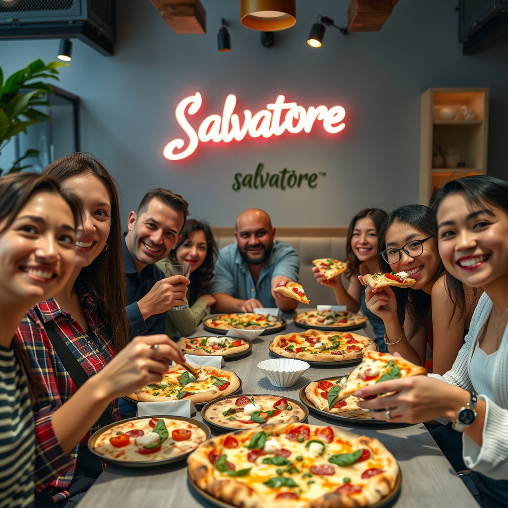 Diverse group of happy customers enjoying plant-based pizzas at a Salvatore restaurant, showing people of different ages and backgrounds sharing meals and taking photos of their food